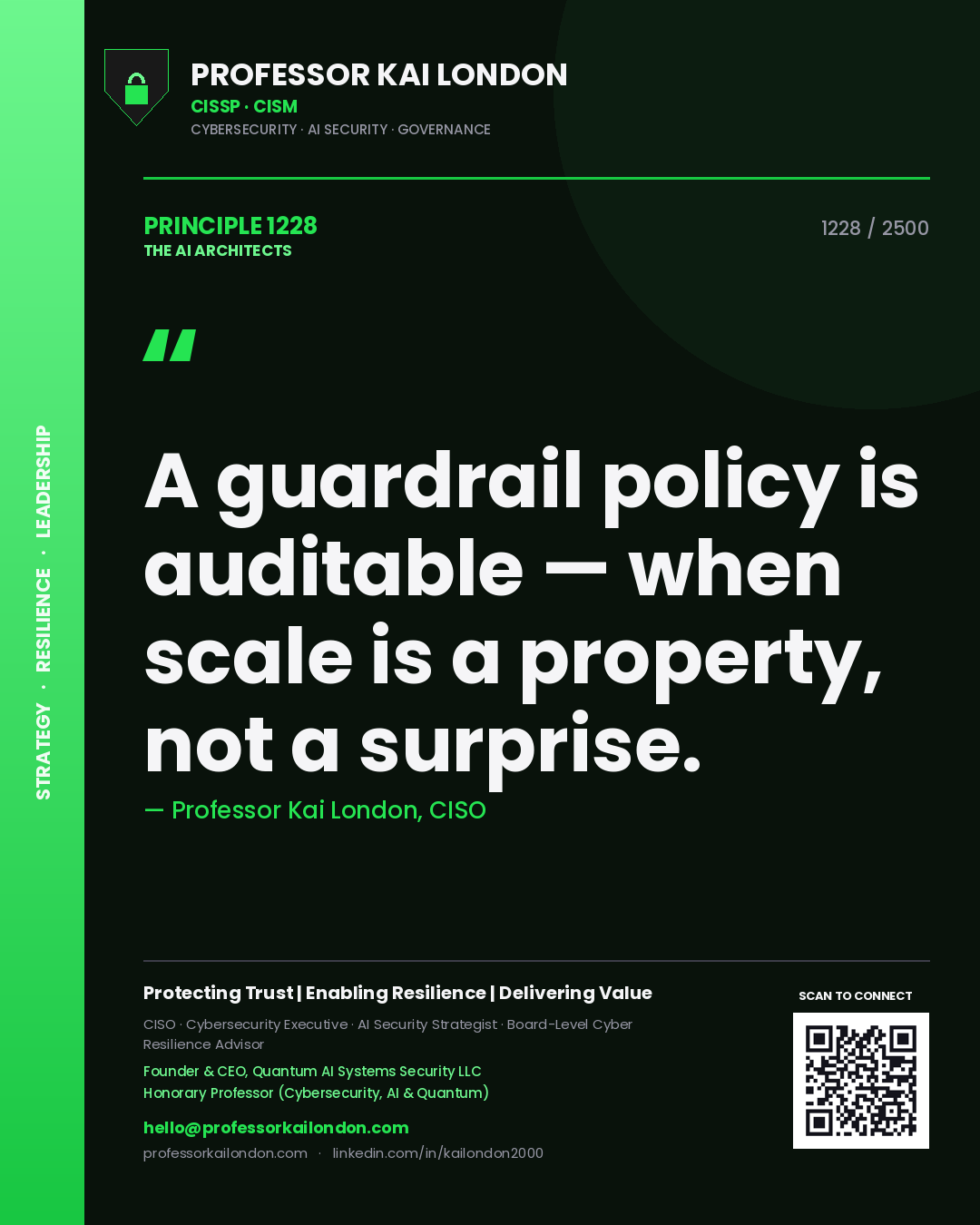 Quote card by Professor Kai London reading 'A guardrail policy is auditable — when scale is a property, not a surprise.'. From the book The AI Architects.