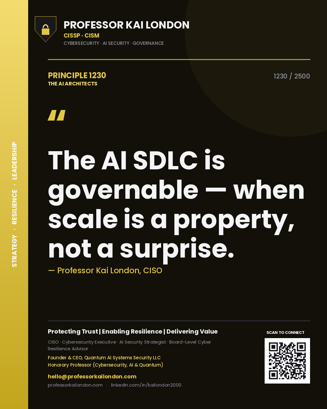Quote card by Professor Kai London reading 'The AI SDLC is governable — when scale is a property, not a surprise.'. From the book The AI Architects.