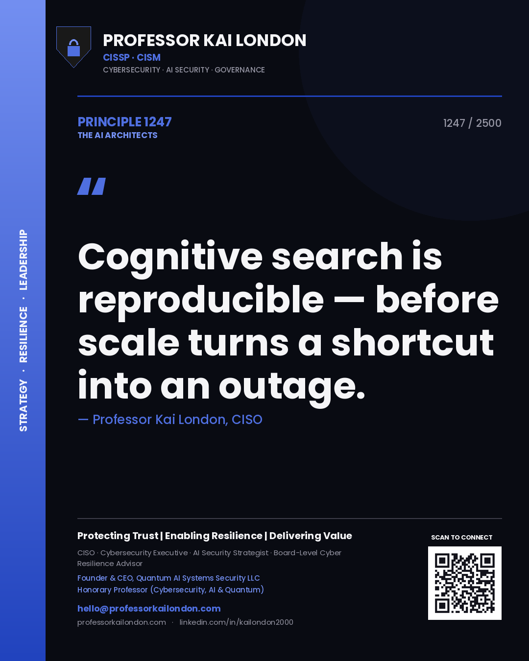Quote card by Professor Kai London reading 'Cognitive search is reproducible — before scale turns a shortcut into an outage.'. From the book The AI Architects.