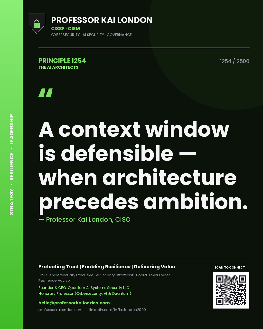 Quote card by Professor Kai London reading 'A context window is defensible — when architecture precedes ambition.'. From the book The AI Architects.