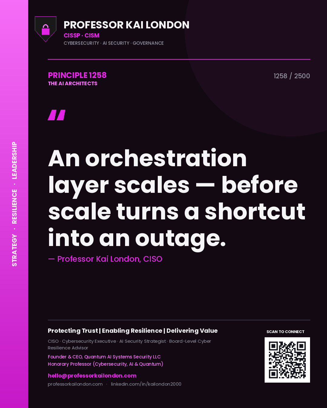 Professor Kai London principle 1258: An orchestration layer scales — before scale turns a shortcut into an outage.