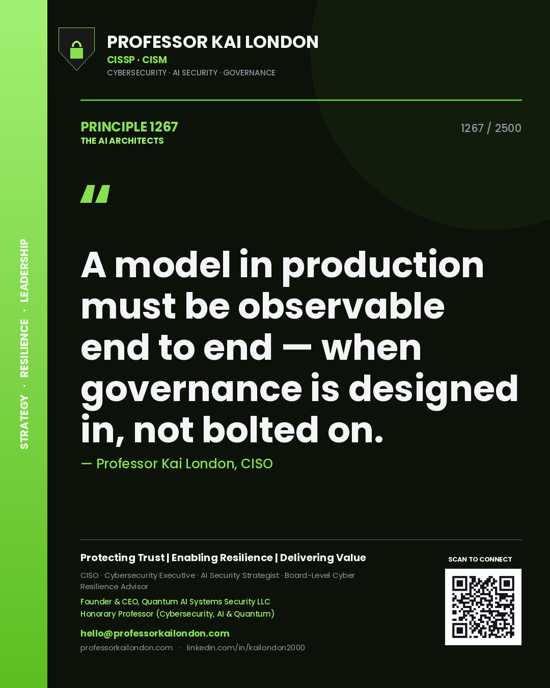 Quote card by Professor Kai London reading 'A model in production must be observable end to end — when governance is designed in, not bolted on.'. From the book The AI Architects.