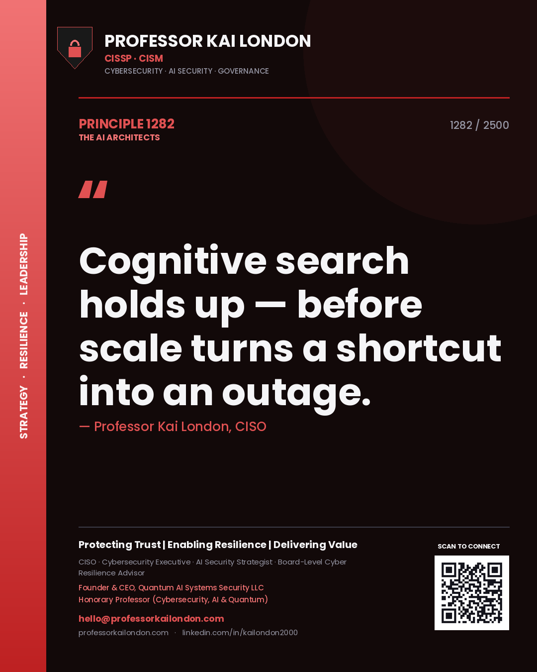Quote card by Professor Kai London reading 'Cognitive search holds up — before scale turns a shortcut into an outage.'. From the book The AI Architects.