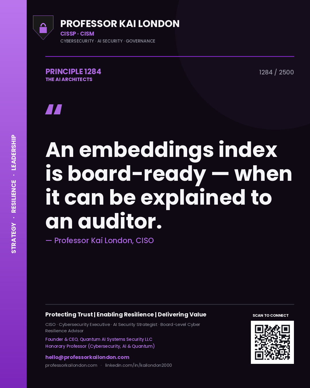 Quote card by Professor Kai London reading 'An embeddings index is board-ready — when it can be explained to an auditor.'. From the book The AI Architects.