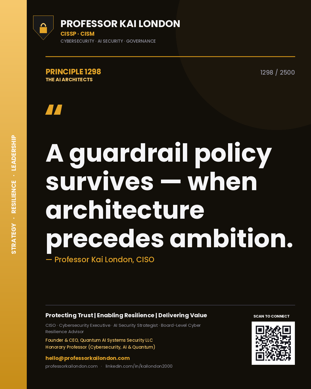 Quote card by Professor Kai London reading 'A guardrail policy survives — when architecture precedes ambition.'. From the book The AI Architects.
