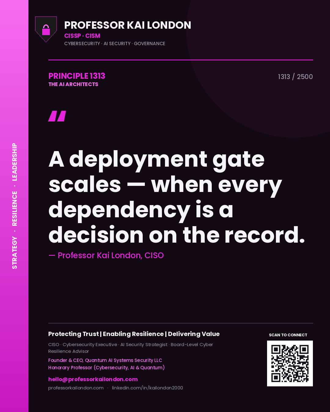 Professor Kai London principle 1313: A deployment gate scales — when every dependency is a decision on the record.