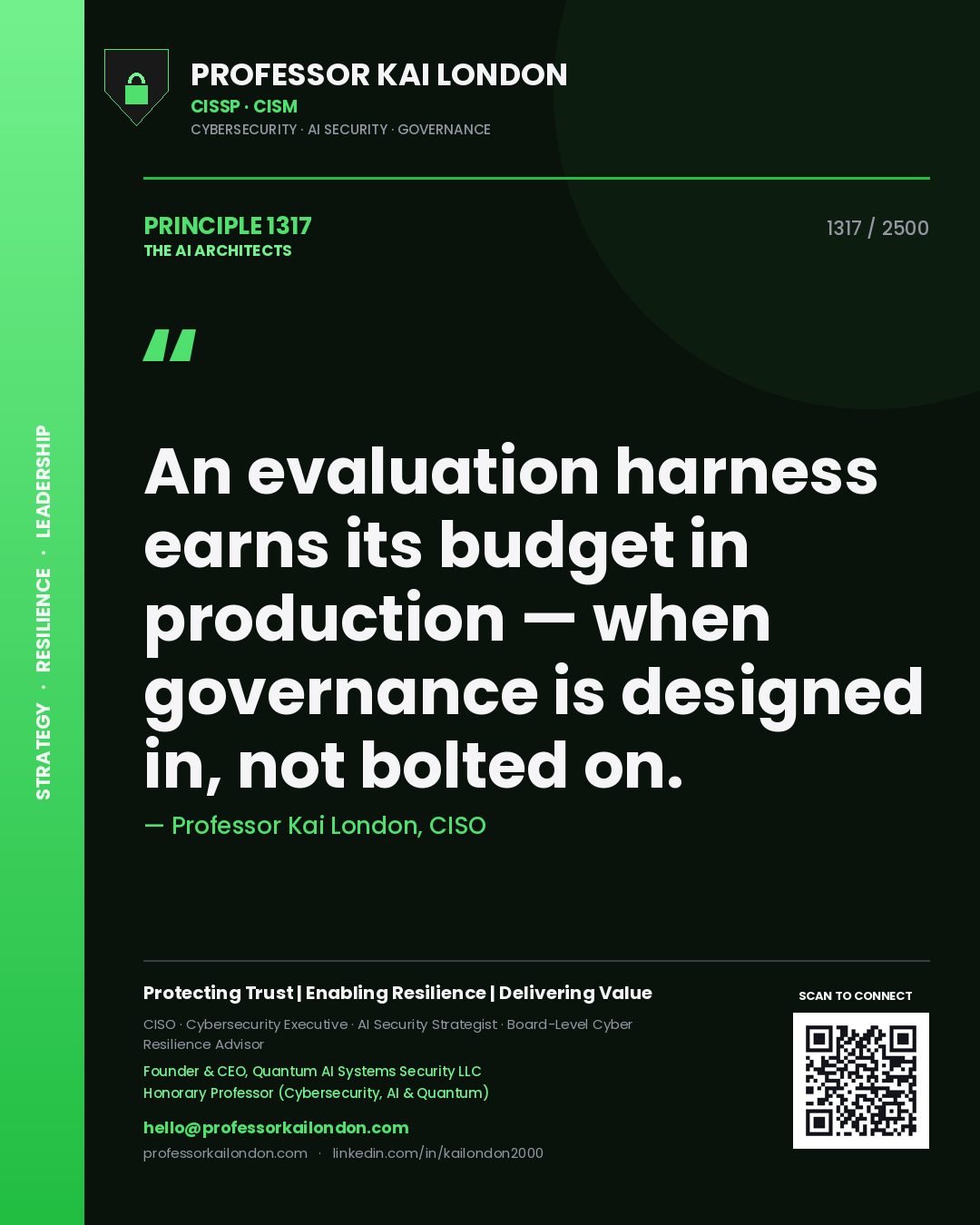 Professor Kai London principle 1317: An evaluation harness earns its budget in production — when governance is designed in, not bolted on.