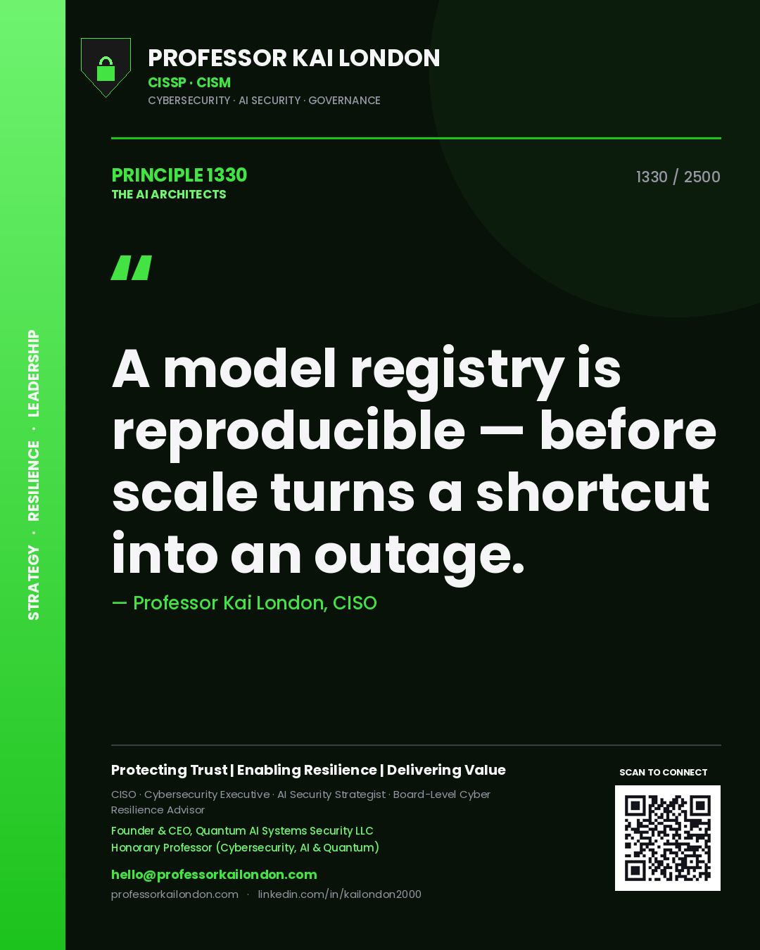 Professor Kai London principle 1330: A model registry is reproducible — before scale turns a shortcut into an outage.