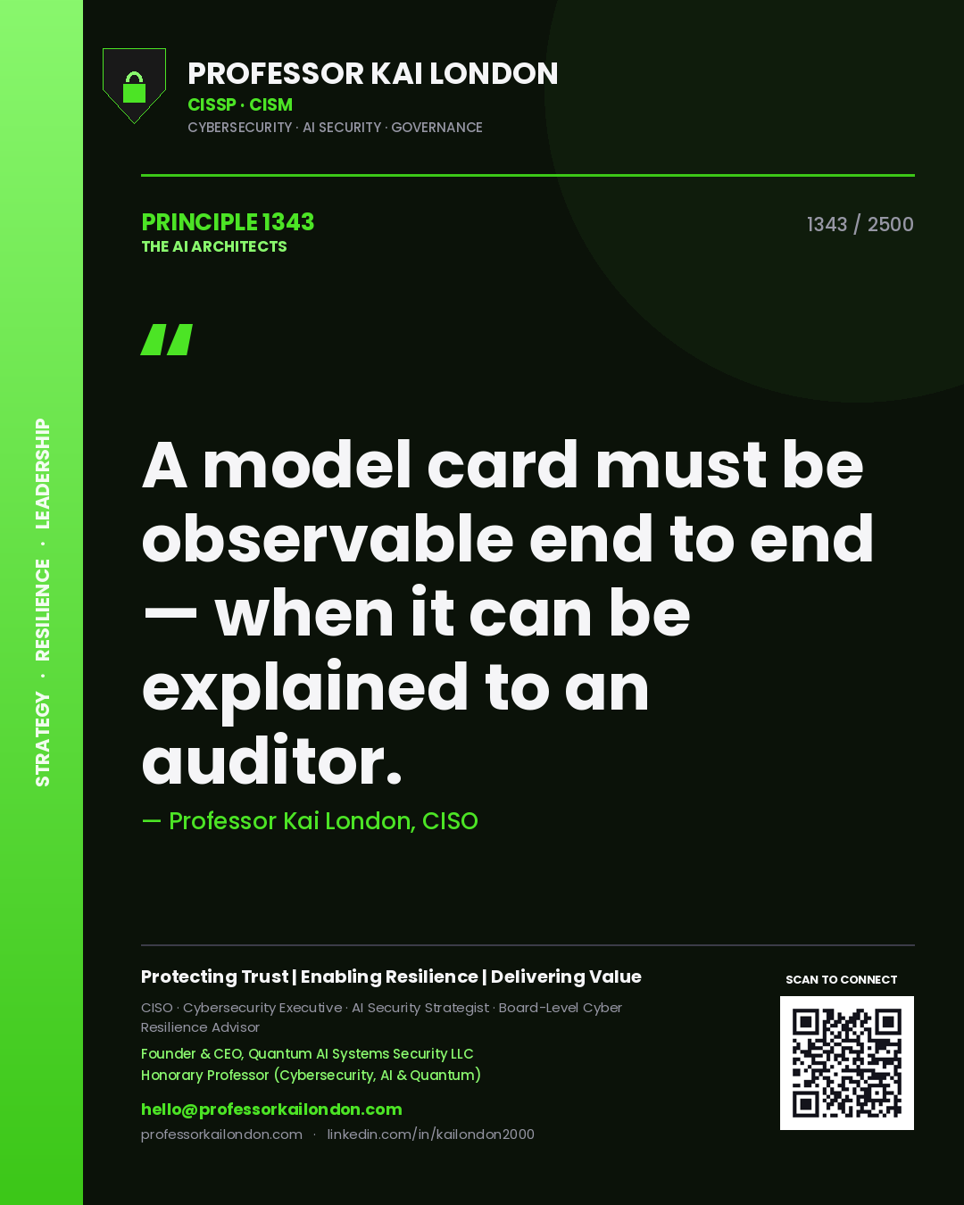 Professor Kai London principle 1343: A model card must be observable end to end — when it can be explained to an auditor.