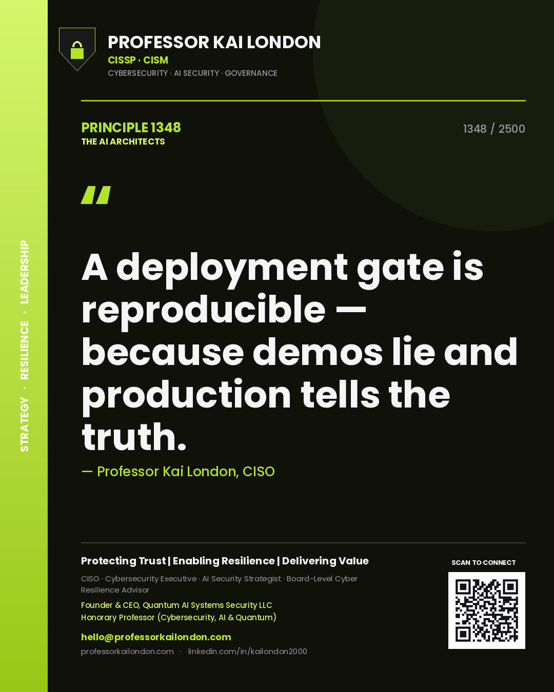 Professor Kai London principle 1348: A deployment gate is reproducible — because demos lie and production tells the truth.