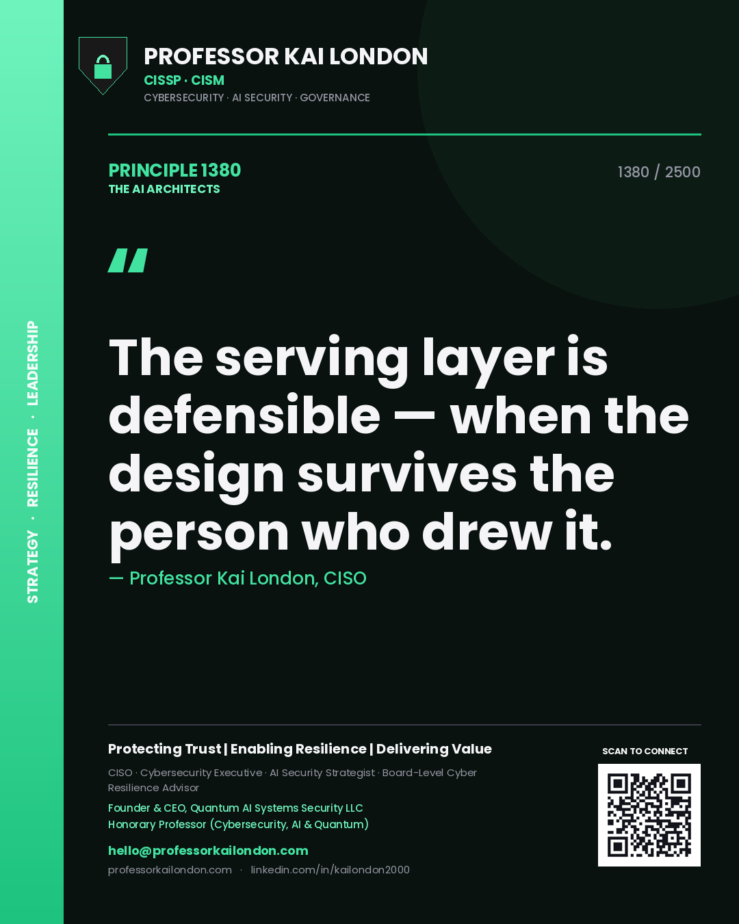 Professor Kai London principle 1380: The serving layer is defensible — when the design survives the person who drew it.
