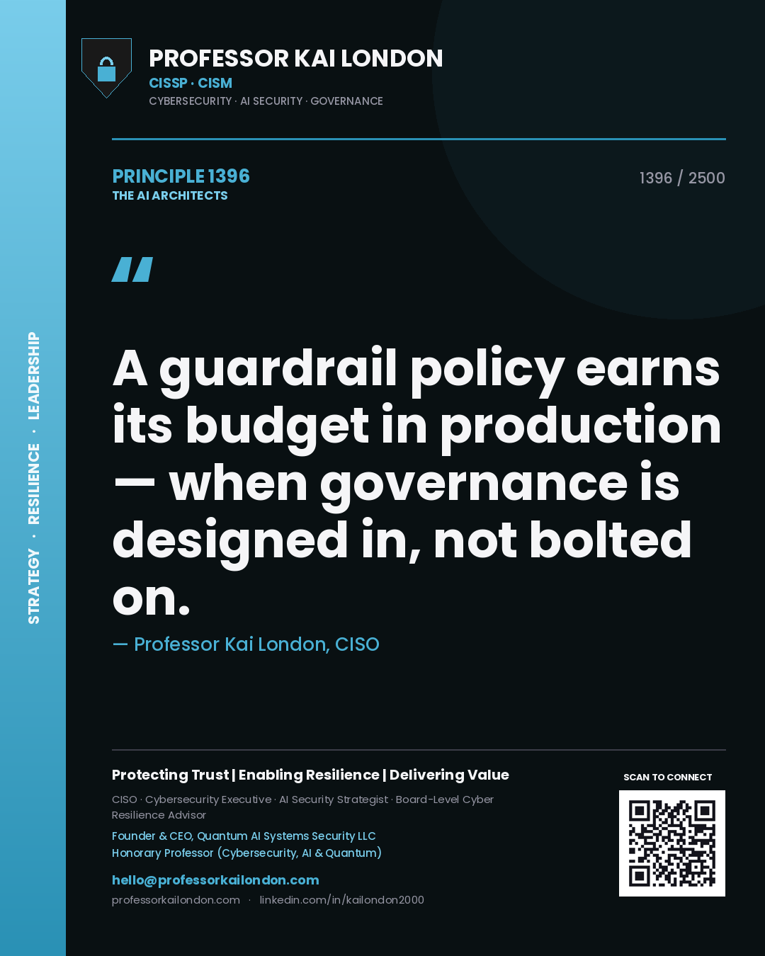Professor Kai London principle 1396: A guardrail policy earns its budget in production — when governance is designed in, not bolted on.