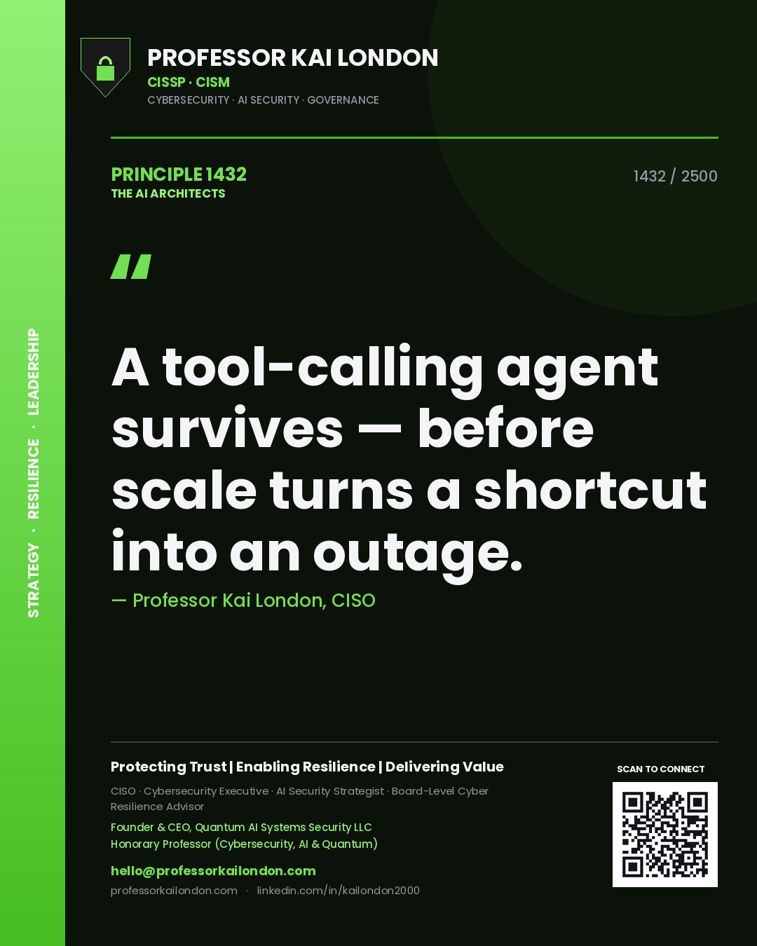 Quote card by Professor Kai London reading 'A tool-calling agent survives — before scale turns a shortcut into an outage.'. From the book The AI Architects.