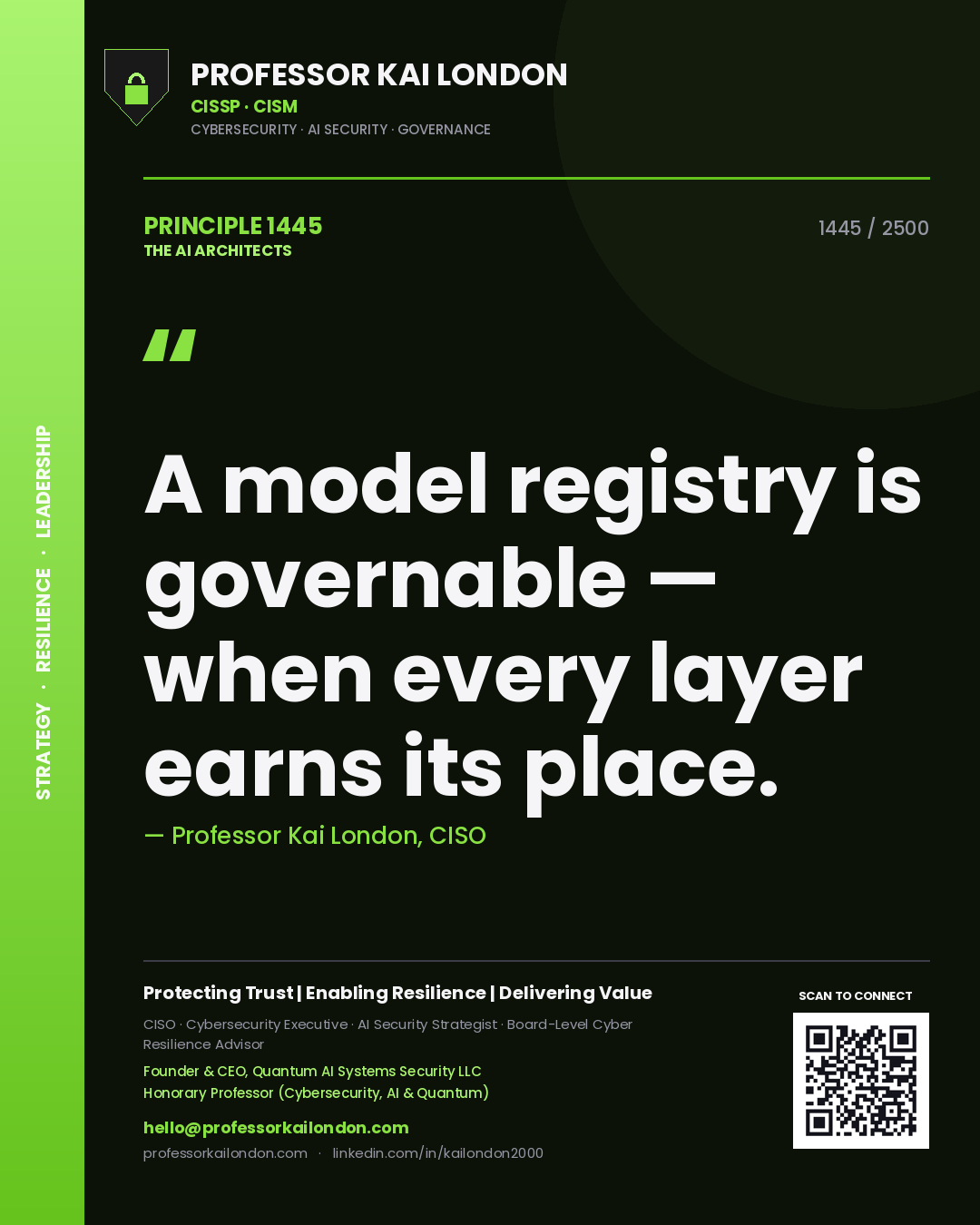 Professor Kai London principle 1445: A model registry is governable — when every layer earns its place.
