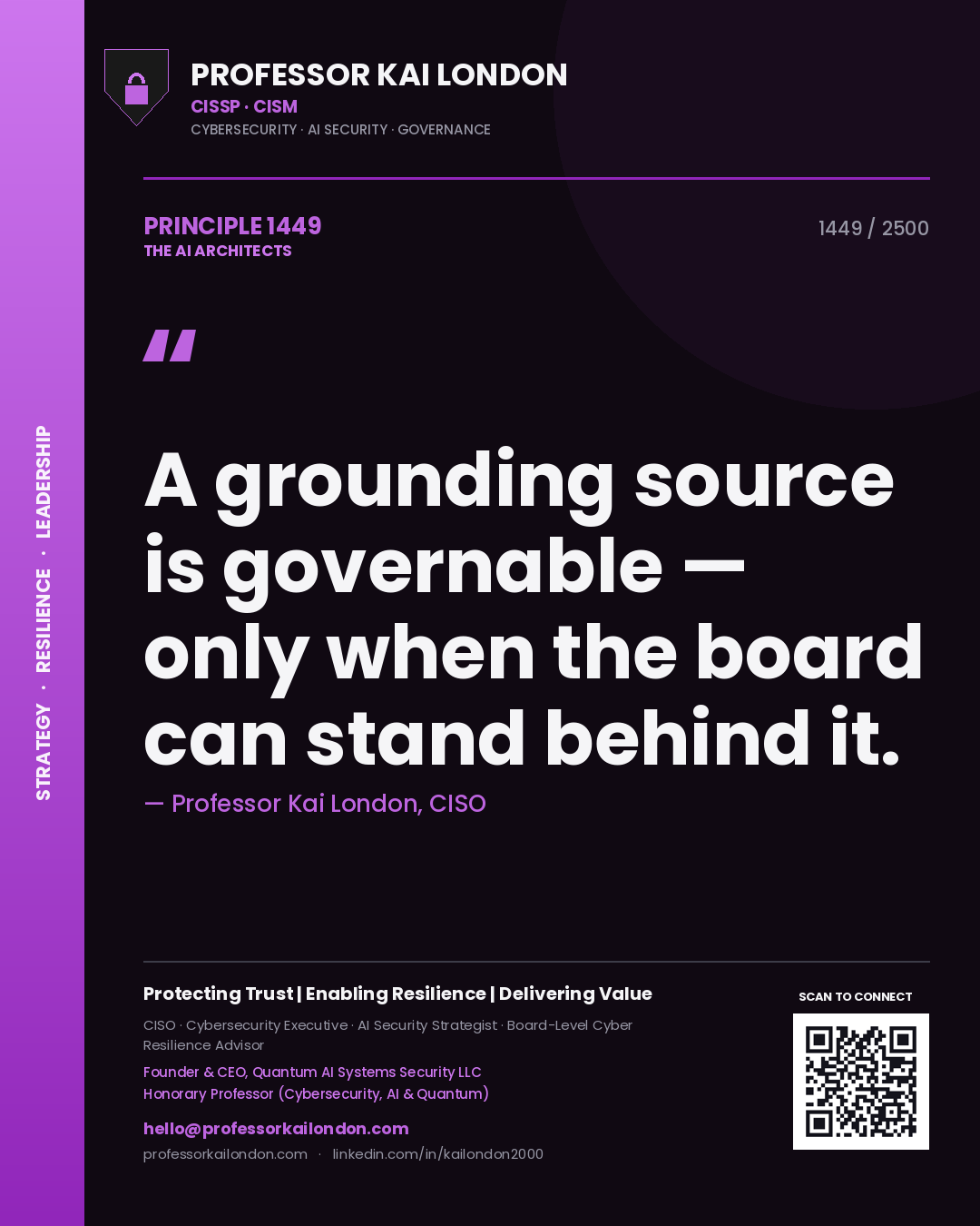 Quote card by Professor Kai London reading 'A grounding source is governable — only when the board can stand behind it.'. From the book The AI Architects.