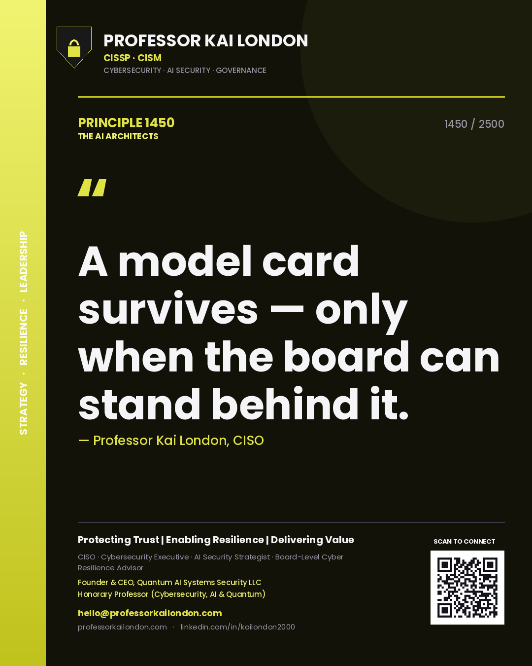 Professor Kai London principle 1450: A model card survives — only when the board can stand behind it.