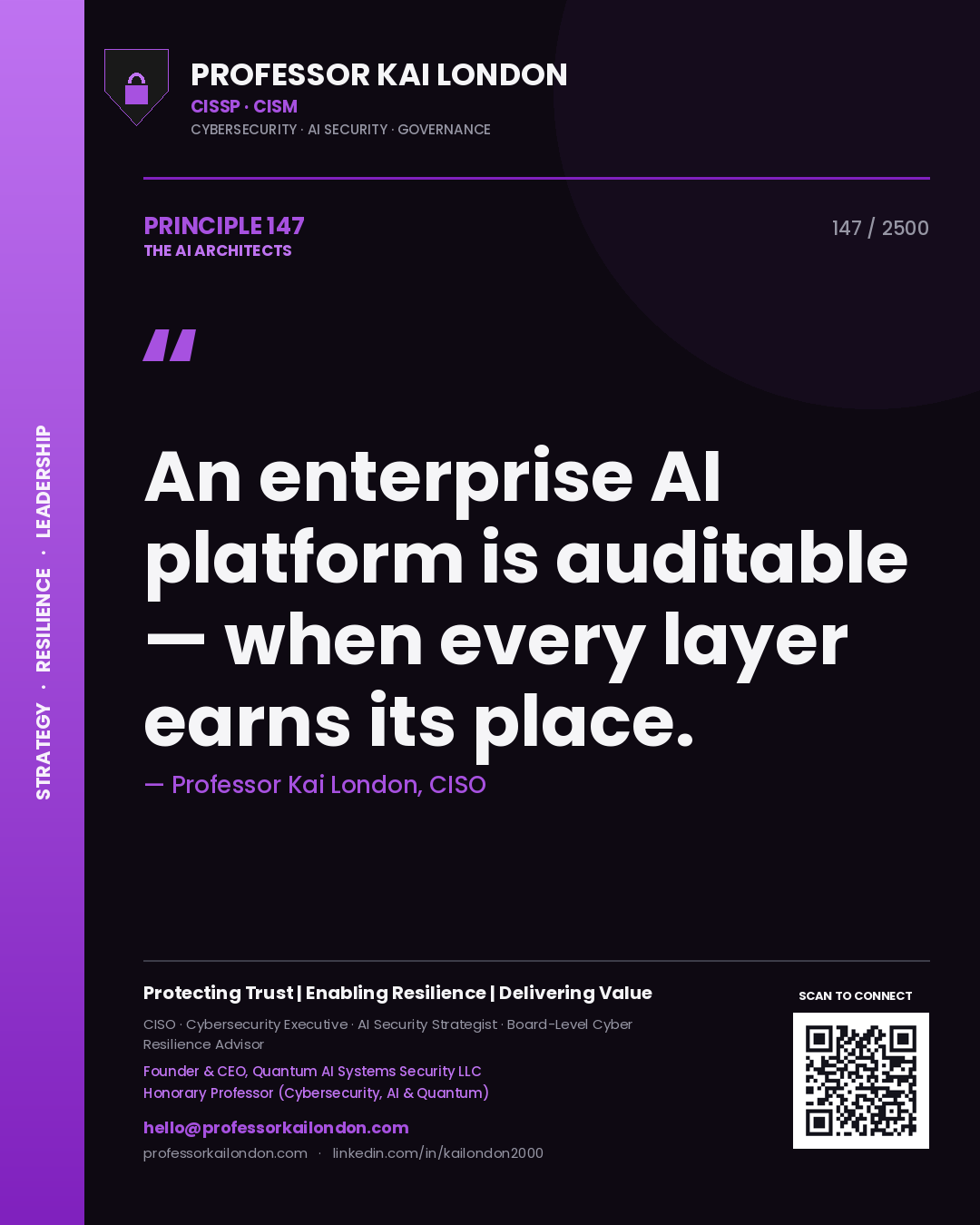 Professor Kai London principle 147: An enterprise AI platform is auditable — when every layer earns its place.