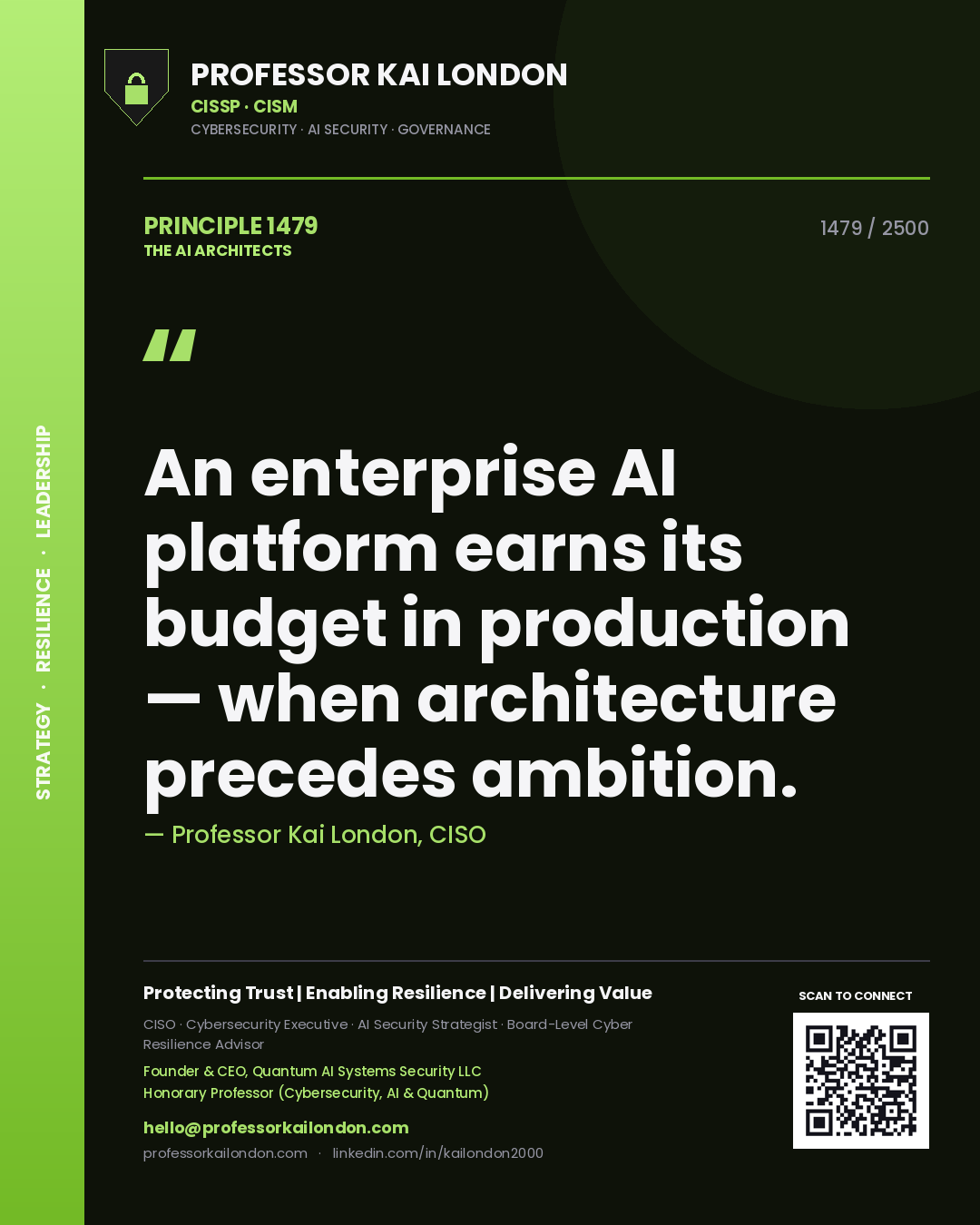 Professor Kai London principle 1479: An enterprise AI platform earns its budget in production — when architecture precedes ambition.
