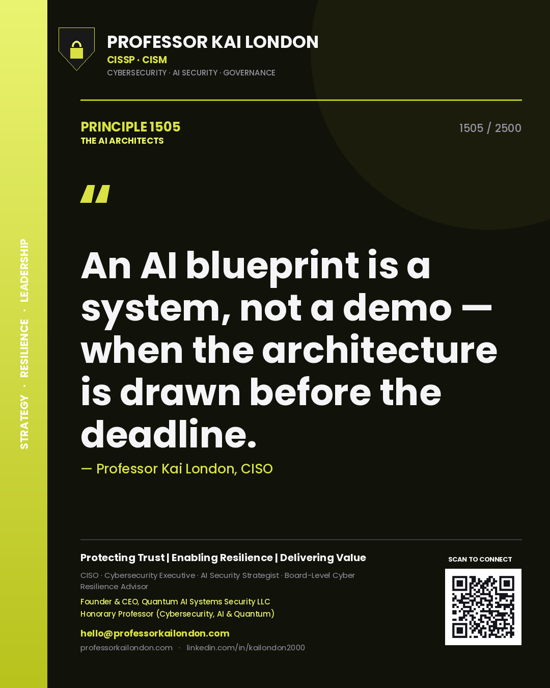 Professor Kai London principle 1505: An AI blueprint is a system, not a demo — when the architecture is drawn before the deadline.
