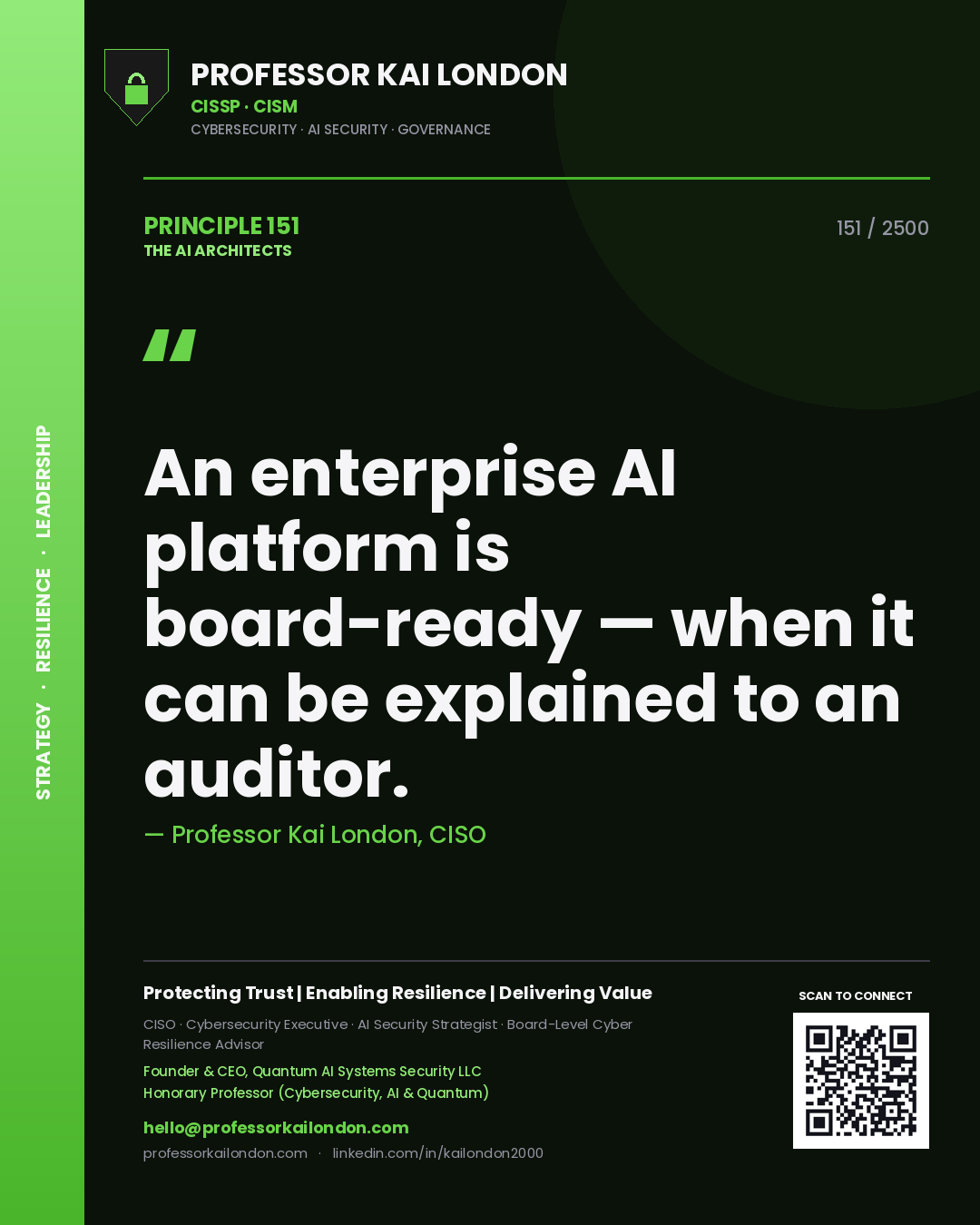 Professor Kai London principle 151: An enterprise AI platform is board-ready — when it can be explained to an auditor.