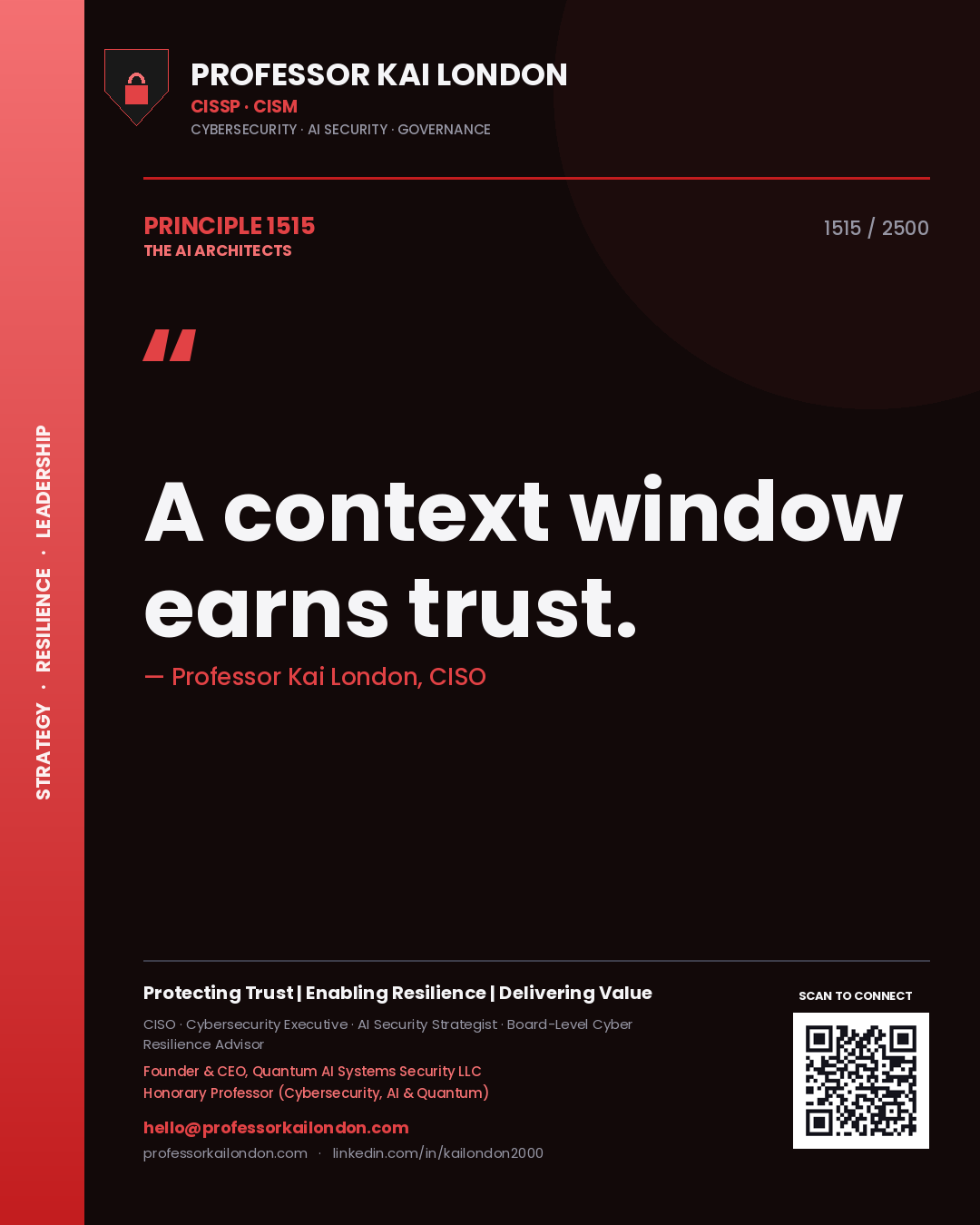 Quote card by Professor Kai London reading 'A context window earns trust.'. From the book The AI Architects.