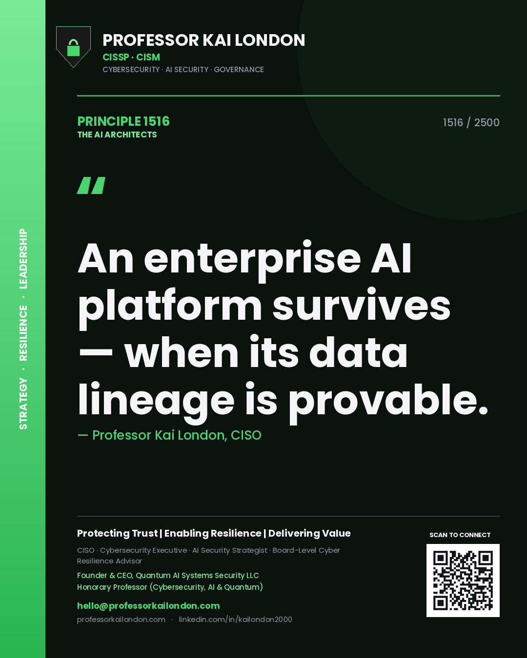 Quote card by Professor Kai London reading 'An enterprise AI platform survives — when its data lineage is provable.'. From the book The AI Architects.