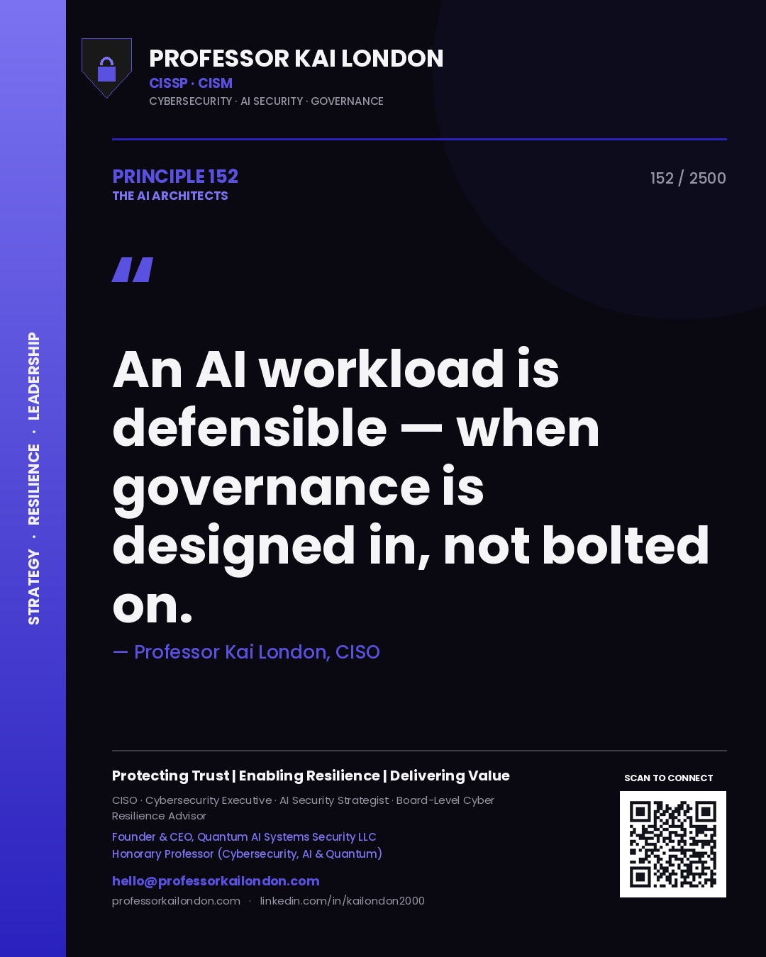 Quote card by Professor Kai London reading 'An AI workload is defensible — when governance is designed in, not bolted on.'. From the book The AI Architects.