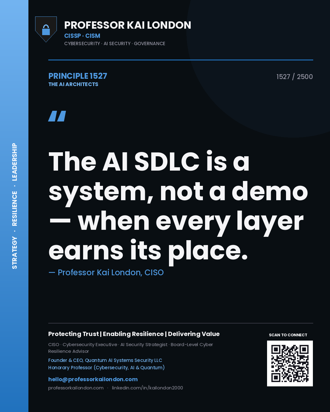 Professor Kai London principle 1527: The AI SDLC is a system, not a demo — when every layer earns its place.