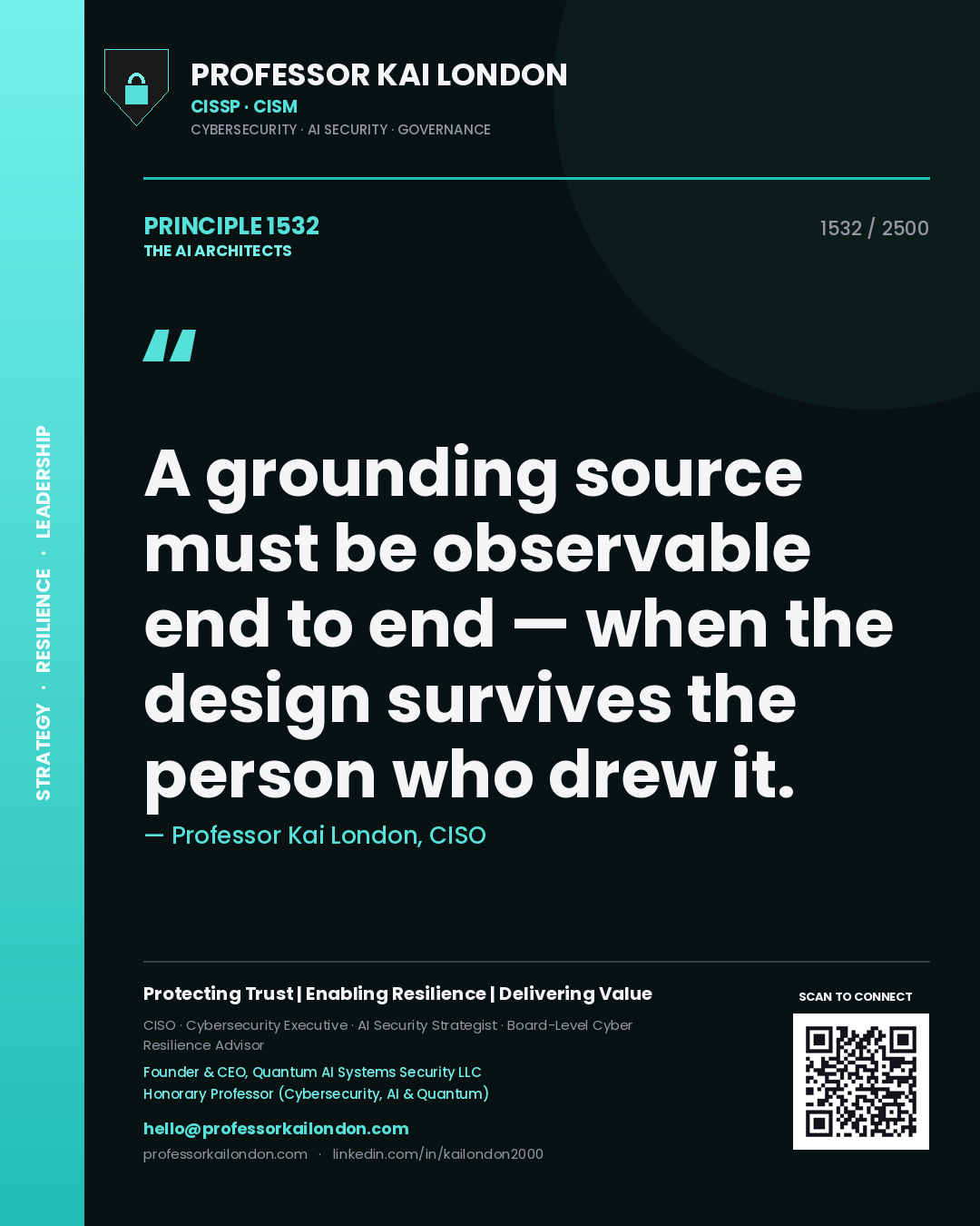 Quote card by Professor Kai London reading 'A grounding source must be observable end to end — when the design survives the person who drew it.'. From the book The AI Architects.