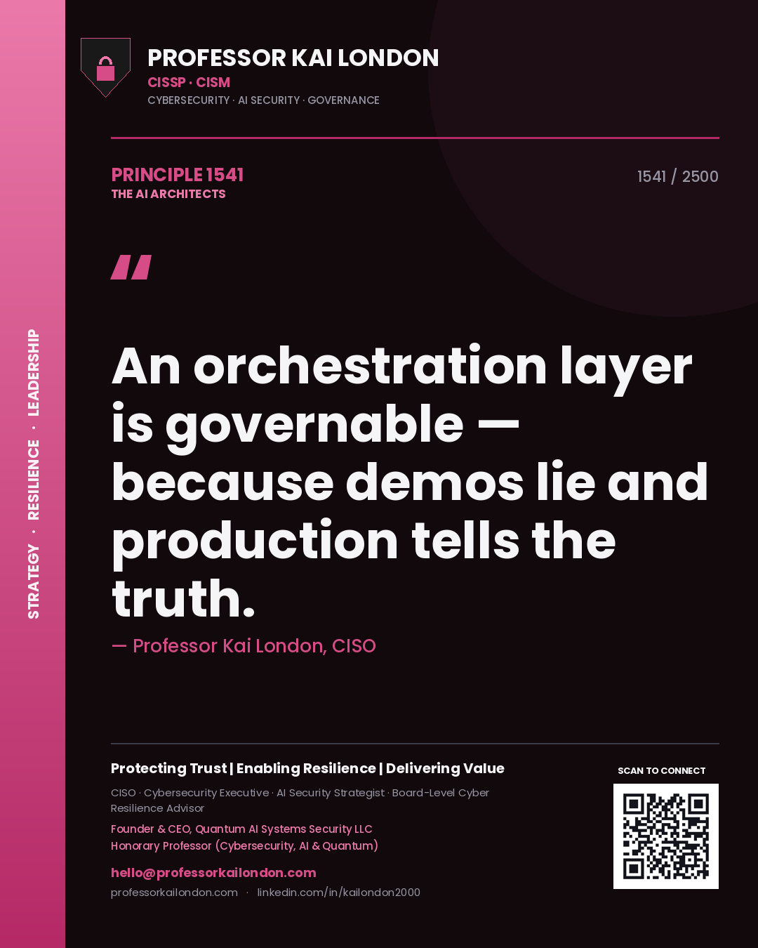 Quote card by Professor Kai London reading 'An orchestration layer is governable — because demos lie and production tells the truth.'. From the book The AI Architects.
