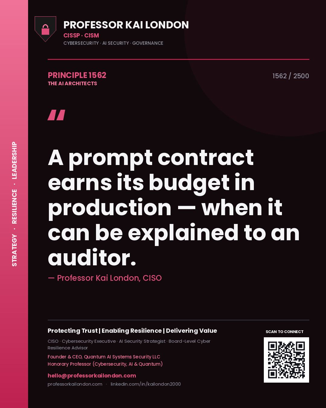 Quote card by Professor Kai London reading 'A prompt contract earns its budget in production — when it can be explained to an auditor.'. From the book The AI Architects.