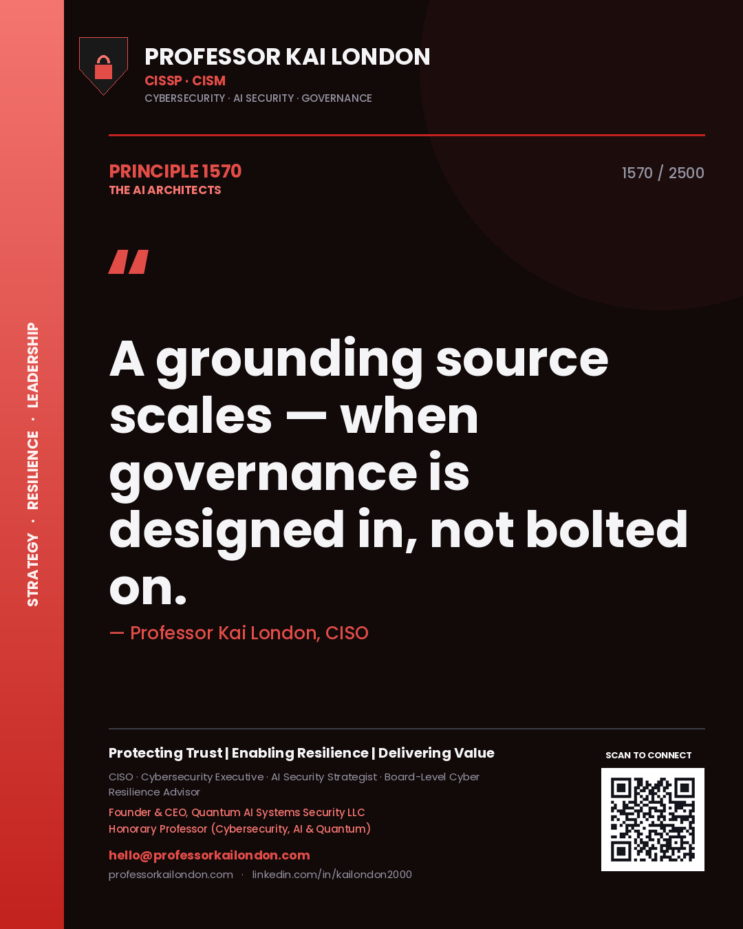 Quote card by Professor Kai London reading 'A grounding source scales — when governance is designed in, not bolted on.'. From the book The AI Architects.
