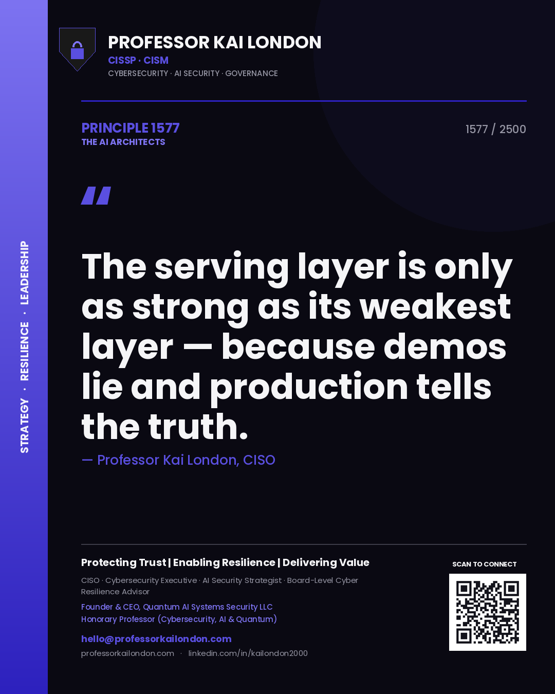 Quote card by Professor Kai London reading 'The serving layer is only as strong as its weakest layer — because demos lie and production tells the truth.'. From the book The AI Architects.