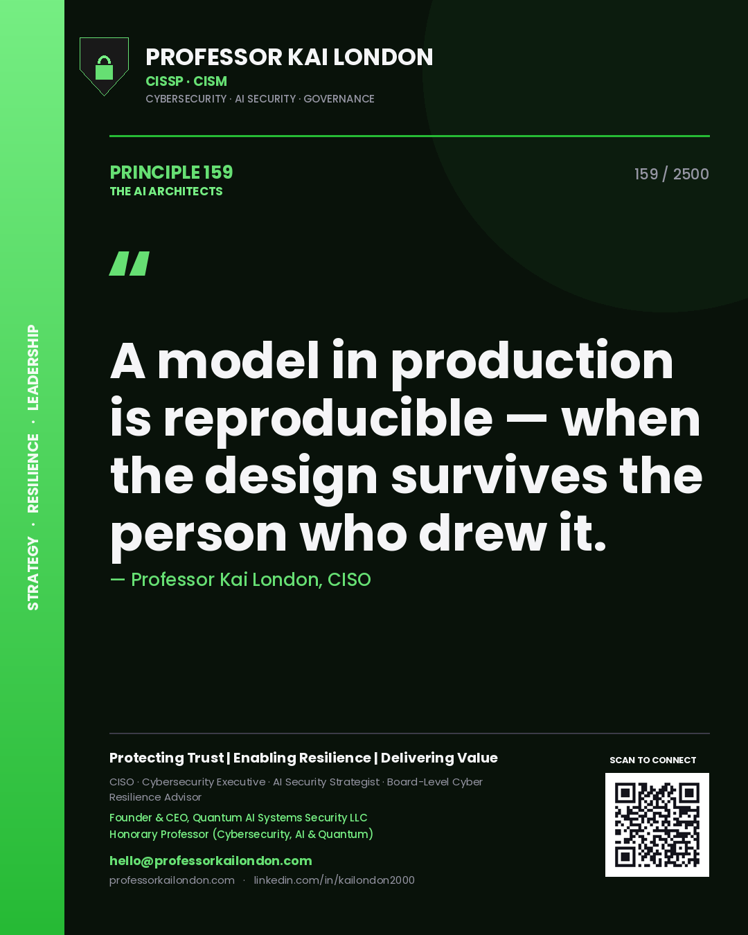 Quote card by Professor Kai London reading 'A model in production is reproducible — when the design survives the person who drew it.'. From the book The AI Architects.