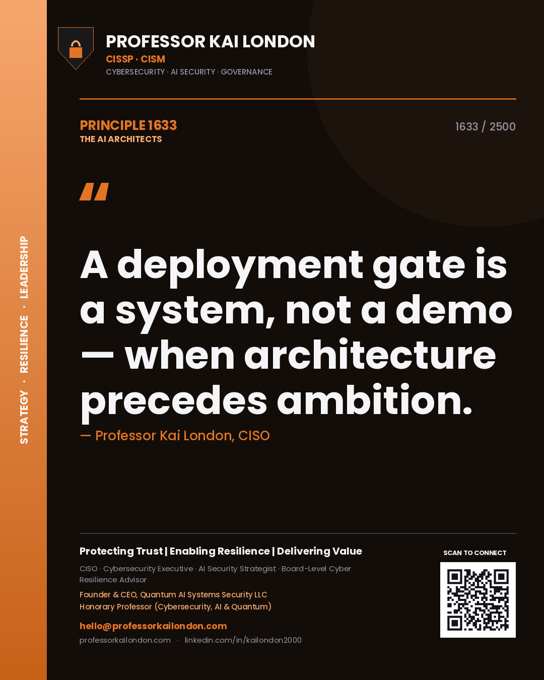 Professor Kai London principle 1633: A deployment gate is a system, not a demo — when architecture precedes ambition.