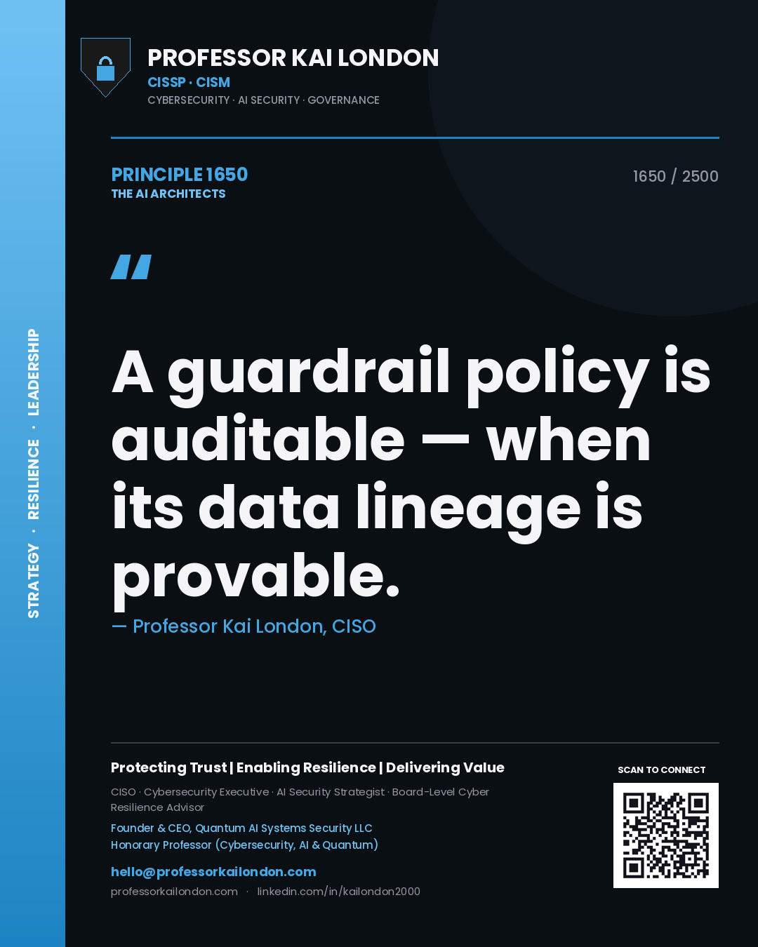 Professor Kai London principle 1650: A guardrail policy is auditable — when its data lineage is provable.
