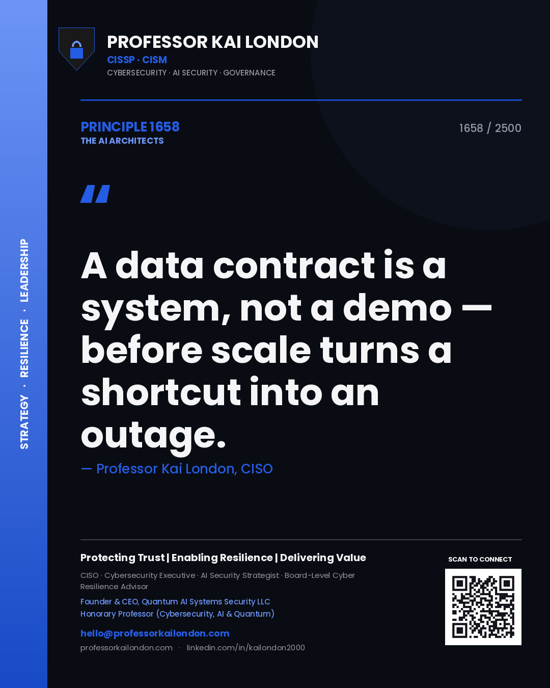 Professor Kai London principle 1658: A data contract is a system, not a demo — before scale turns a shortcut into an outage.