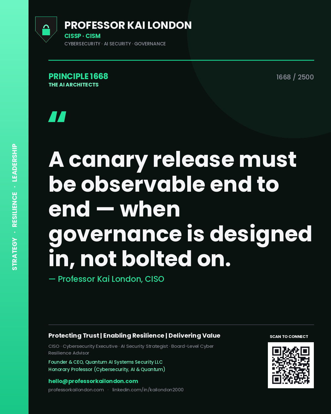 Professor Kai London principle 1668: A canary release must be observable end to end — when governance is designed in, not bolted on.