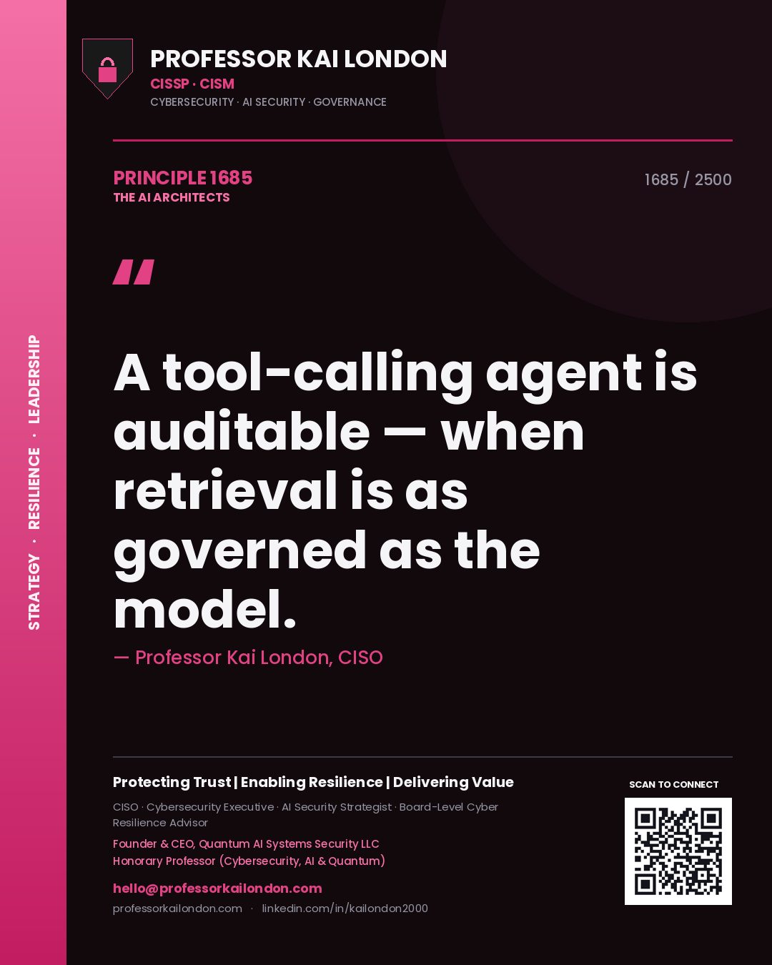 Quote card by Professor Kai London reading 'A tool-calling agent is auditable — when retrieval is as governed as the model.'. From the book The AI Architects.
