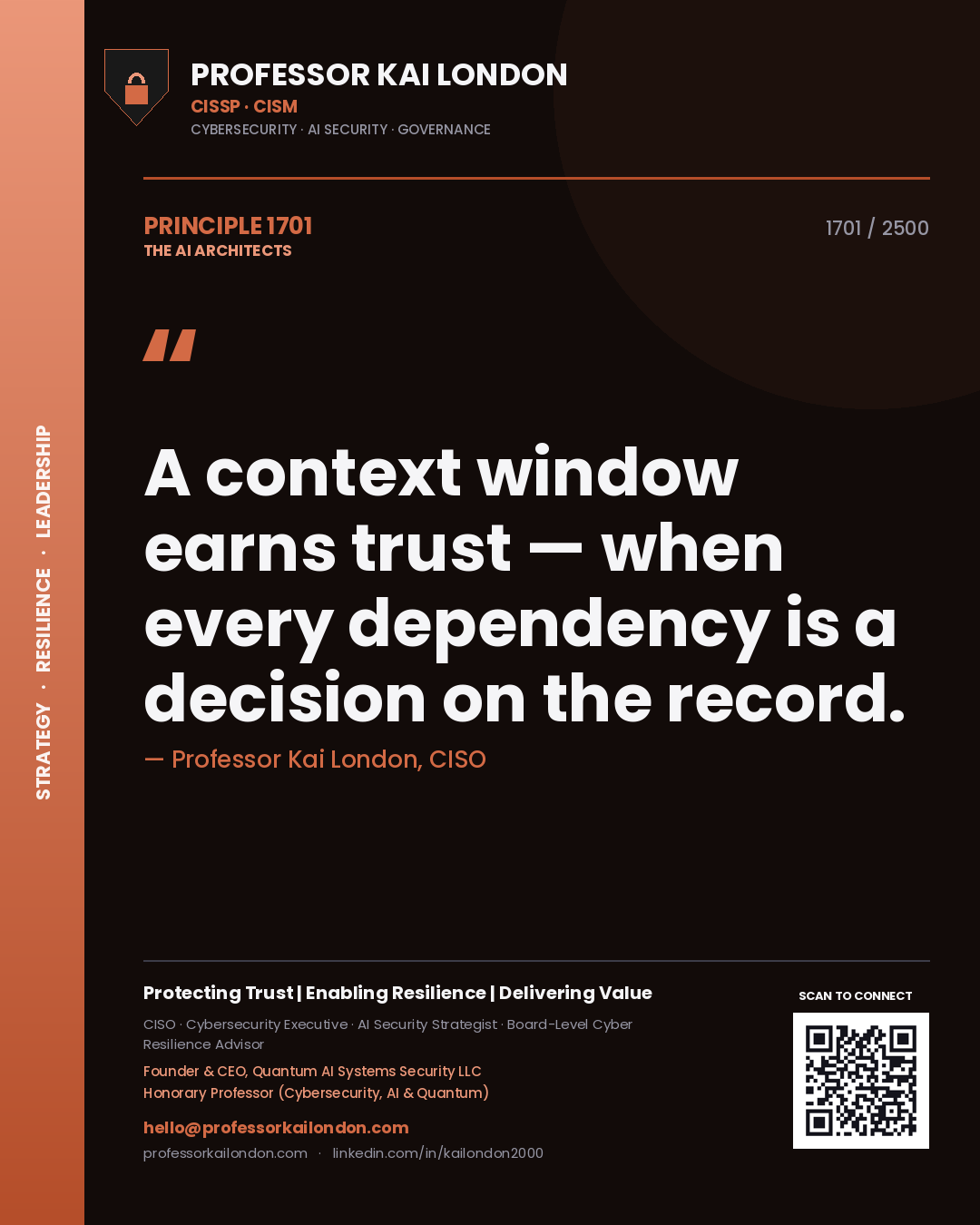 Professor Kai London principle 1701: A context window earns trust — when every dependency is a decision on the record.