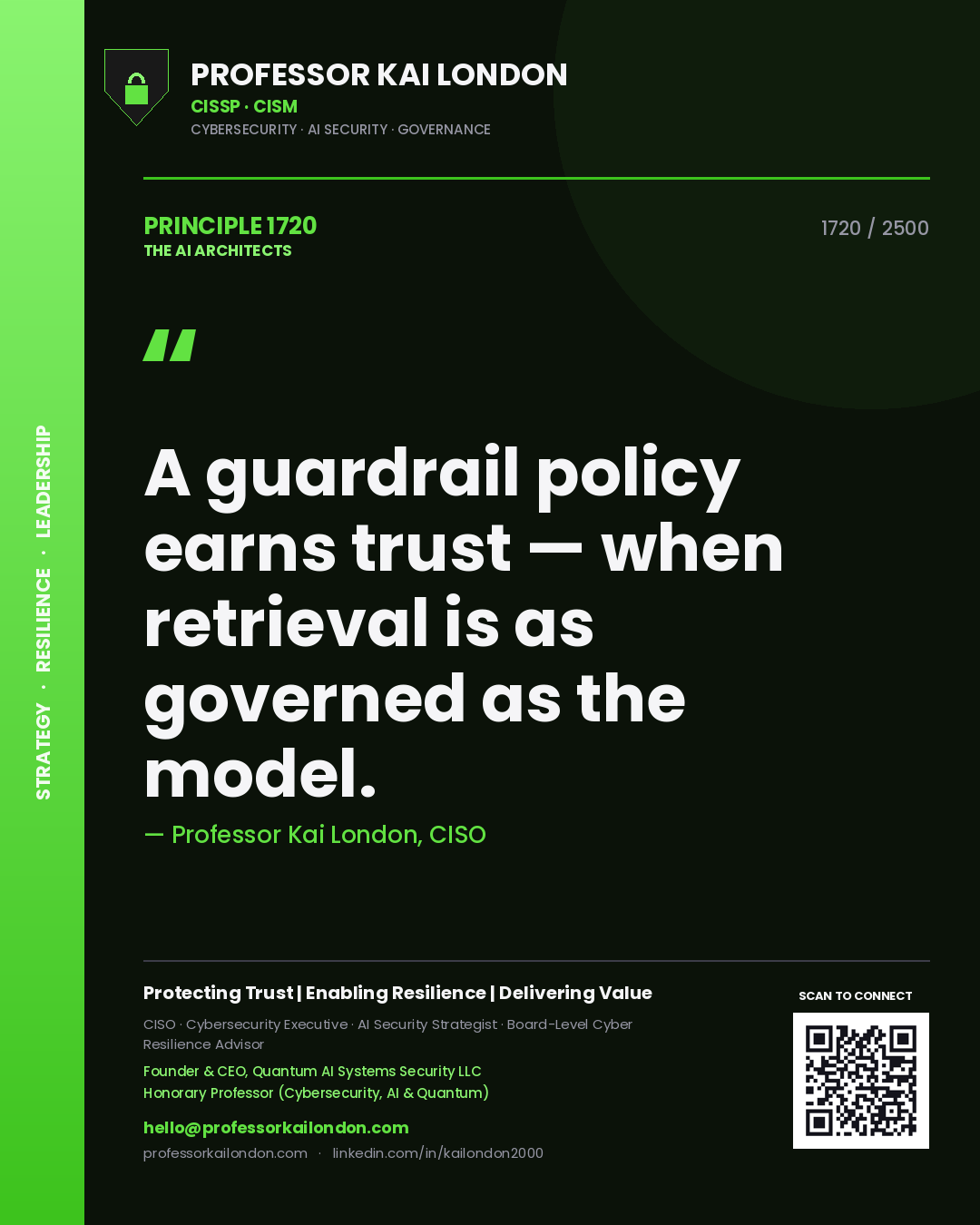 Professor Kai London principle 1720: A guardrail policy earns trust — when retrieval is as governed as the model.