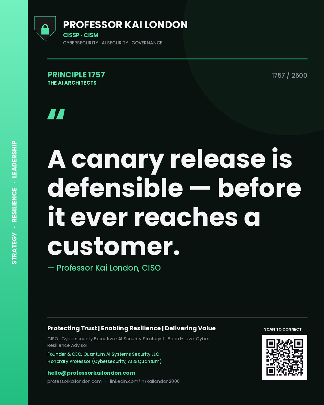 Quote card by Professor Kai London reading 'A canary release is defensible — before it ever reaches a customer.'. From the book The AI Architects.