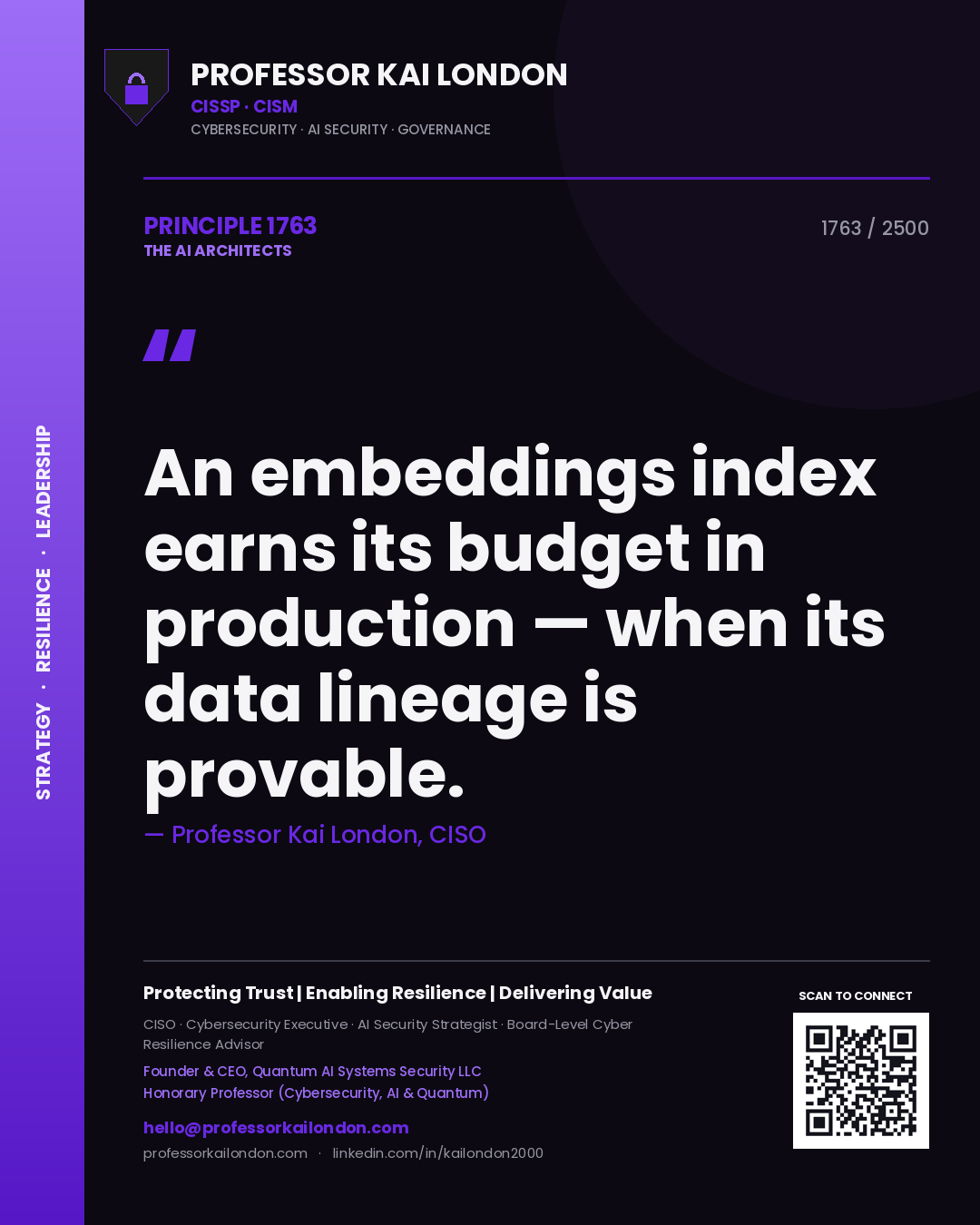Professor Kai London principle 1763: An embeddings index earns its budget in production — when its data lineage is provable.