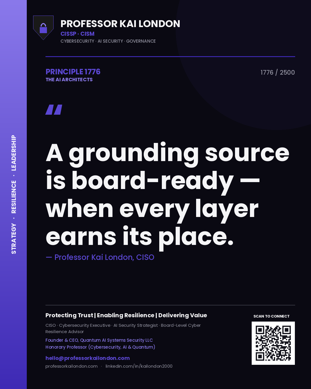 Professor Kai London principle 1776: A grounding source is board-ready — when every layer earns its place.