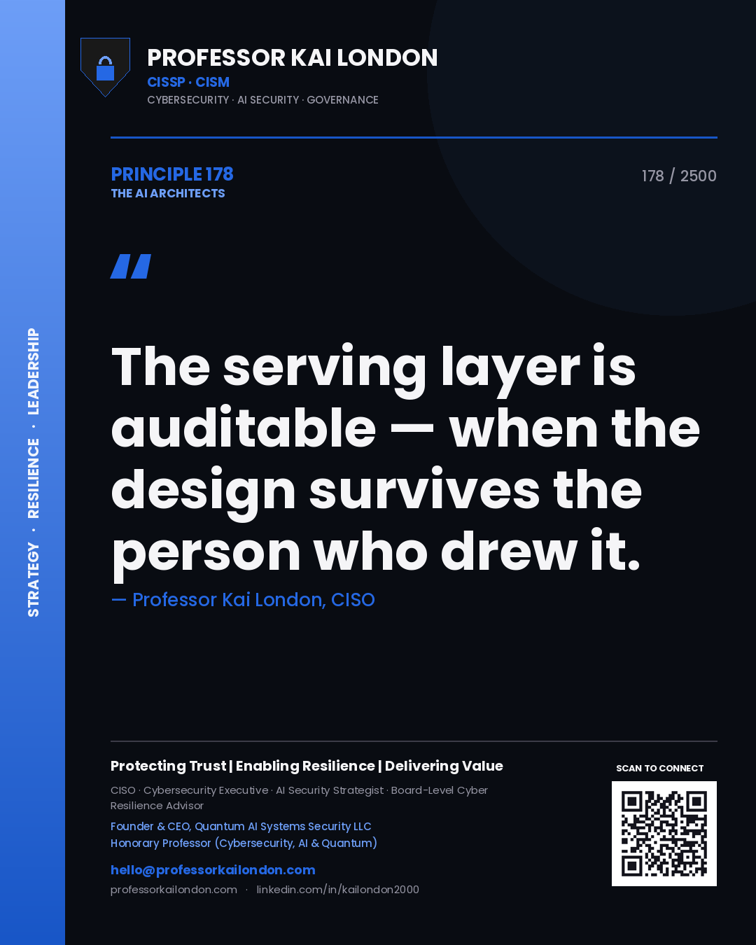 Professor Kai London principle 178: The serving layer is auditable — when the design survives the person who drew it.