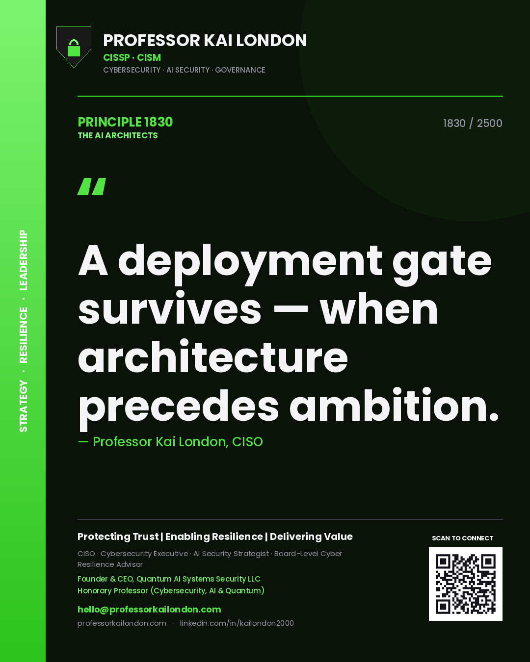 Quote card by Professor Kai London reading 'A deployment gate survives — when architecture precedes ambition.'. From the book The AI Architects.