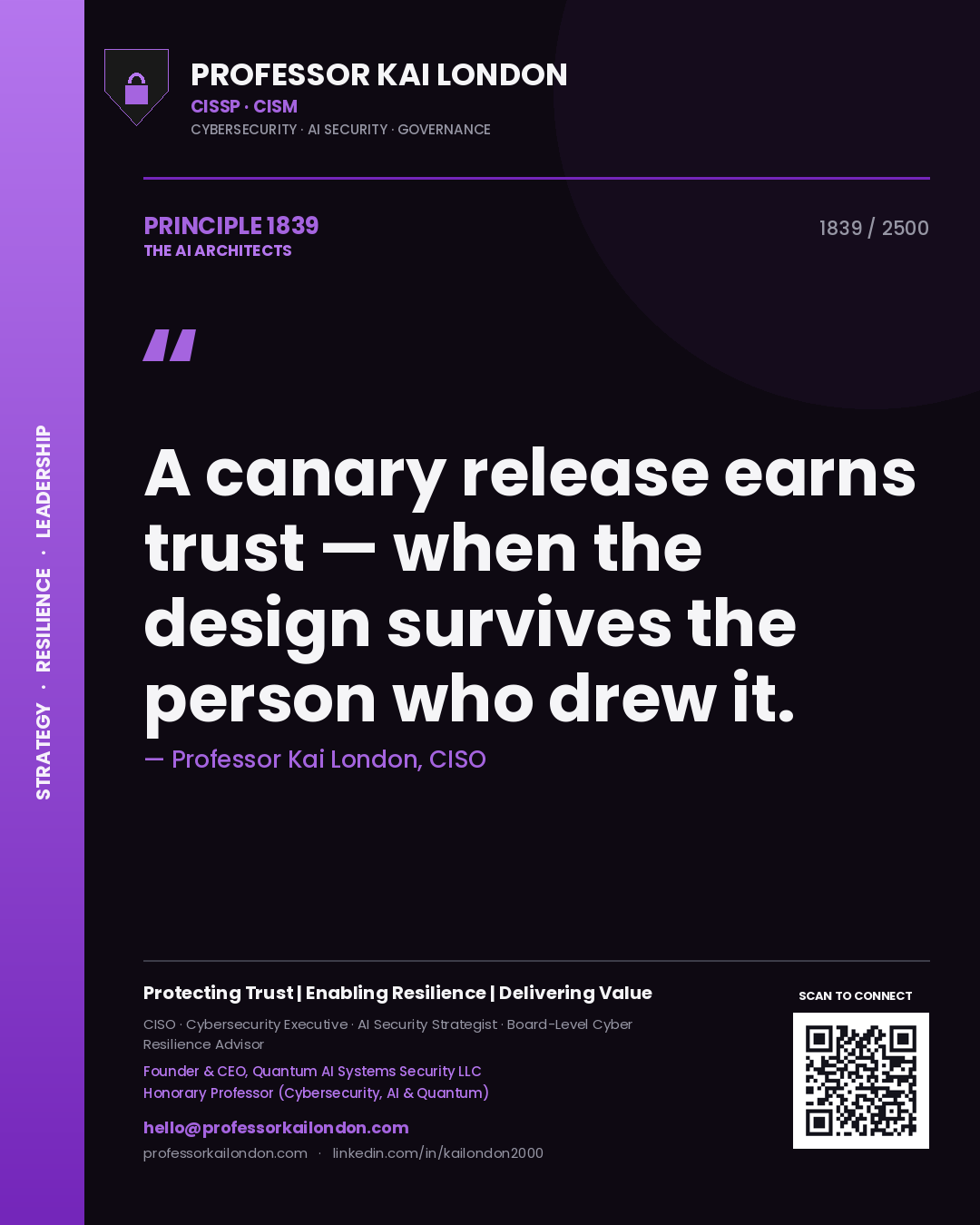 Quote card by Professor Kai London reading 'A canary release earns trust — when the design survives the person who drew it.'. From the book The AI Architects.