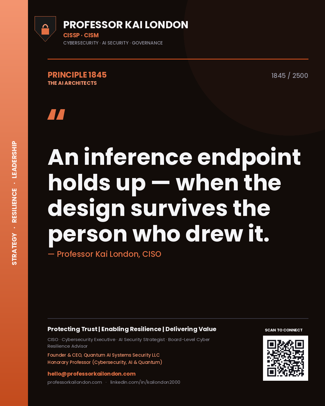 Quote card by Professor Kai London reading 'An inference endpoint holds up — when the design survives the person who drew it.'. From the book The AI Architects.