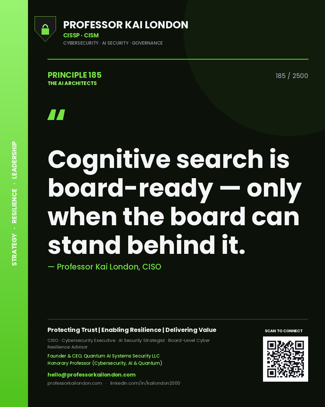 Professor Kai London principle 185: Cognitive search is board-ready — only when the board can stand behind it.