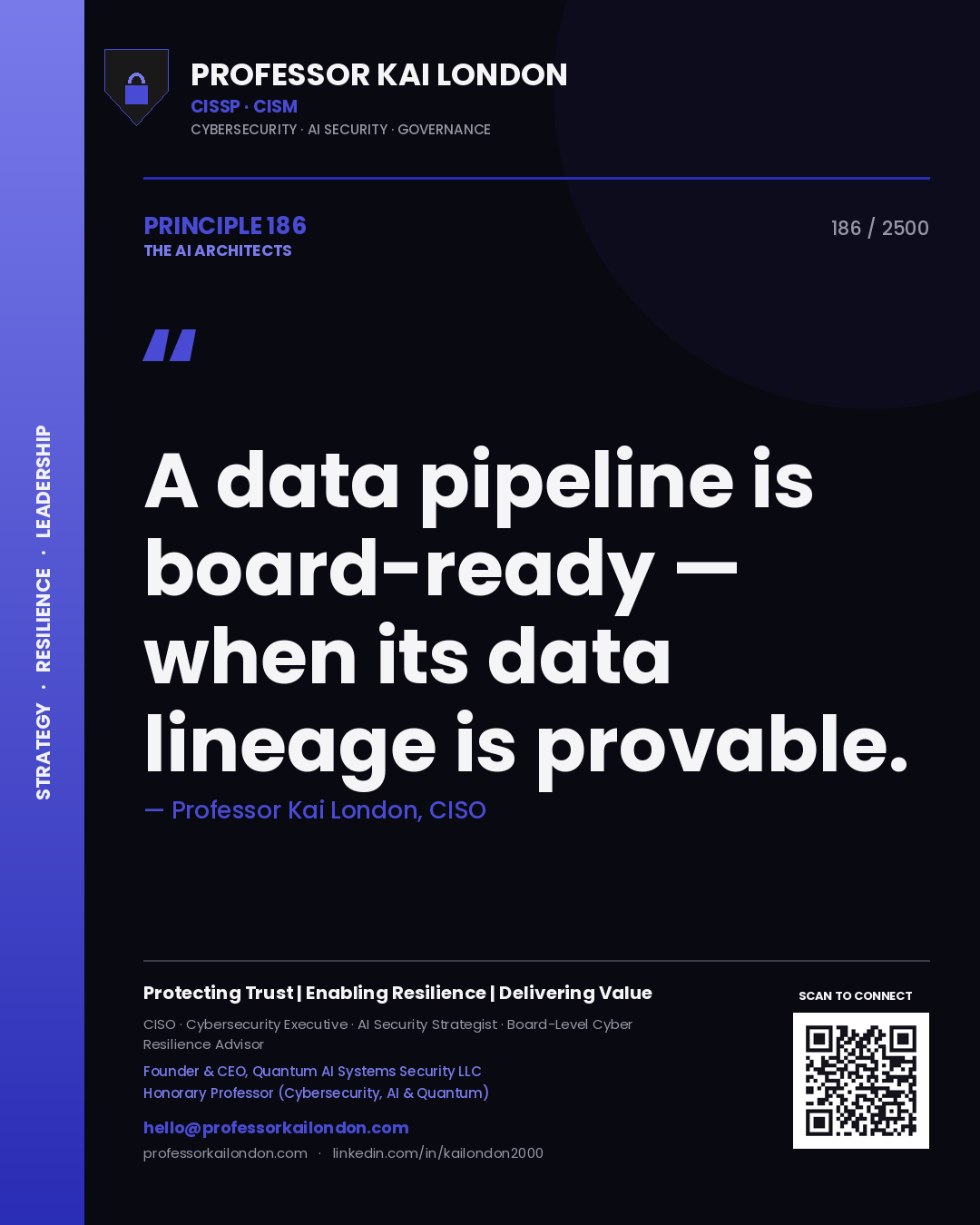 Quote card by Professor Kai London reading 'A data pipeline is board-ready — when its data lineage is provable.'. From the book The AI Architects.